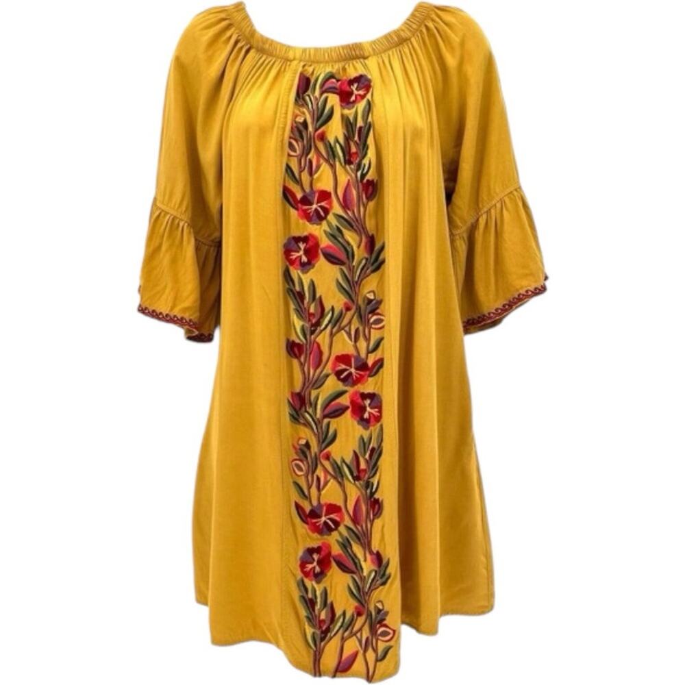 Anthropolgie Floral Embroidered  Shift Dress Flare 3/4 Sleeve Gold Size Medium
